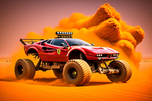 Ferrari car on 6 big wheels from Big Foot, mud tires, large kangaroo, roof rack, driving through an abandoned city in the desert, destroyed houses, sand, dust, sandstorm, thunderstorm, fire from exhaust pipes,scrap metal,rusty car,crossout craft,realism,TechStreetwear