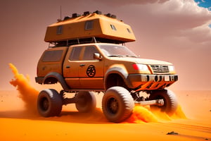 Naruto car on 4 big wheels from Big Foot, mud tires, large kangaroo, roof rack, driving through an abandoned city Moscow in the desert, destroyed houses, sand, dust, sandstorm, thunderstorm, fire from exhaust pipes,scrap metal,rusty car,crossout craft,realism,