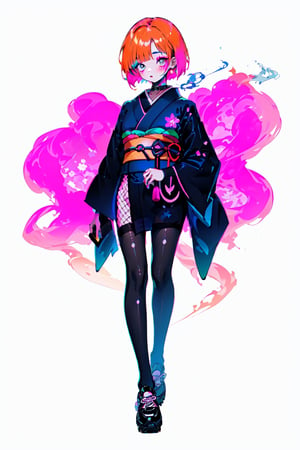 young 20-year-old Asian girl with orange bob hair in an ultra short dark blue kimono, decorated with neon pink lines and Japanese black characters, black stockings made of a wide square mesh, large pink and black sneakers, bright makeup, smoke eyes, long neck, collar, simple background, highres,fishnet pantyhose,see-through