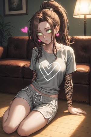 a 30-year-old girl is sitting on the sofa, she has long brown hair, her hair is disheveled and in a ponytail, light green eyes, bags under the eyes, baggy home clothes, gray shorts and an oversized gray T-shirt with pink small hearts, small earrings in her ears, wide hips, medium breasts, the room is dark, dim yellow light, from a floor lamp, deep shadows,