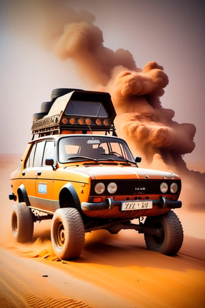 Lada Vaz 2105 car on 4 big wheels from Big Foot, mud tires, large kangaroo, roof rack, driving through an abandoned city Moscow in the desert, destroyed houses, sand, dust, sandstorm, thunderstorm, fire from exhaust pipes,scrap metal,rusty car,crossout craft,realism,