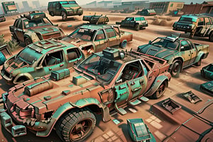 Crossout ctaft car on 4 big mud tired wheel, large Brum bar, roof rack, driving through an abandoned city Moscow in the desert, destroyed houses, sand, dust, sandstorm, thunderstorm, fire from exhaust pipes,scrap metal,rusty car,crossout craft,realism, mad max,futuristic car,tag score