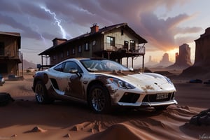 Ferrari car on 6 big wheels from Big Foot, mud tires, large kangaroo, roof rack, driving through an abandoned city in the desert, destroyed houses, sand, dust, sandstorm, thunderstorm, fire from exhaust pipes,scrap metal,rusty car,crossout craft,realism,