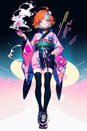 young 20-year-old Asian girl with orange bob hair in an ultra short dark blue kimono, decorated with neon pink lines and Japanese black characters, black stockings made of a wide square mesh, large pink and black sneakers, bright makeup, smoke eyes, long neck, collar, simple background, highres