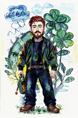 watercolor sticker in the form of a bearded redhead leprechaun with the inscription "Luck", pestel colors, beautiful design,wtrcolor style,edgShamrock,WtrClr,watercolor,highres,child_draw,Beard2Alpha