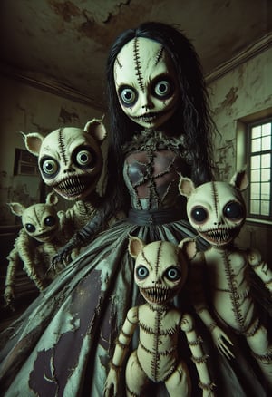 A ball-jointed doll wearing a The Addams Family-style rococo dress, the doll has complex joints, (((Horror themed stuffed animals)))kidnapped by vampire.,nagisa,1ghost, MIASMA style,cctv footage of a horror monster