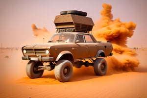 Volga gas car on 4 big wheels from Big Foot, mud tires, large kangaroo, roof rack, driving through an abandoned city Moscow in the desert, destroyed houses, sand, dust, sandstorm, thunderstorm, fire from exhaust pipes,scrap metal,rusty car,crossout craft,realism,