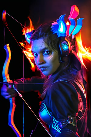 score_9, score_8_up, score_7_up, 1 girl, a archer warrior, dark elf, fire in eyes, dota ftow ranger style,neon lights,power lines,ruanyi0724,alley,Elena,Expressiveh,concept art,dark theme