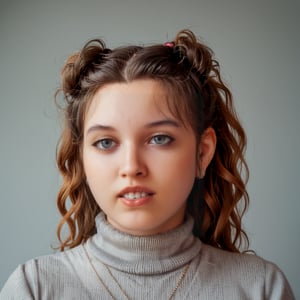 score_9, score_8_up, score_7_up,1 woman, 30 y o, Elena, waist-length portrait, brown wavy hair, mouth closed, calm face, no emotions, gray turtleneck sweater, simple gray background, front view, no makeup, chubby, clear facial features, clear face, high-quality textures, high-quality facial skin textures, high-quality eyes, high-quality lips, looks away, hair tied up in a bun