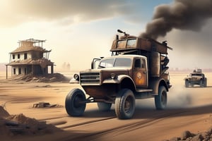 Crossout ctaft car on 4 big mud tired wheel, large Brum bar, roof rack, driving through an abandoned city Moscow in the desert, destroyed houses, sand, dust, sandstorm, thunderstorm, fire from exhaust pipes,scrap metal,rusty car,crossout craft,realism, mad max,futuristic car,tag score