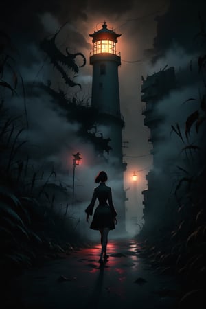 1girl, night club dress, walking along a deserted street in silent hill city, fog, smoke, unclear shadows of monsters in the depths of the fog, translucent images, fear, horror, silent hill,Sairento Hiru style,silent hill style,red lights on the background,lighthouse ,highres,DonMCr33pyN1ghtm4r3 