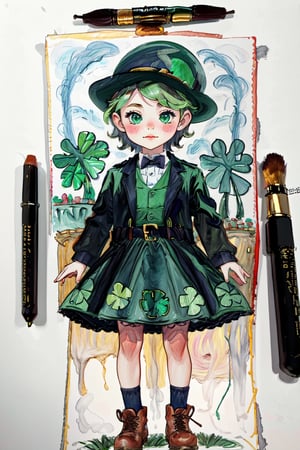 watercolor sticker in the form of a leprechaun with the inscription "Luck", pestel colors, beautiful design,wtrcolor style,edgShamrock,WtrClr,watercolor,highres,child_draw, green dress,Beard2Alpha
