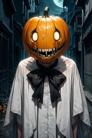 score_9, score_8_up, score_7_up, source_anime, city, spooky helloween nightmare, 1 man, Halloween ghost costume, decent white costume, Halloween pumpkin helmet with a sinister grin on her head, pumpkin helmet,Suika2XL, dark art, dark shadows, creepy, horror, scary, nightmare, body horror, 