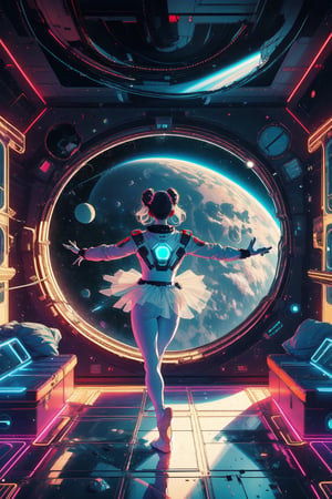 An 18-year-old young ballerina dances in space in a neon tutu and a space helmet, in space involving weightlessness, stars and Saturn behind her, slim fit physique, ballet tutu with elements of Soviet spacesuits, Soviet space paraphernalia, gloomy and dark atmosphere, retrofuturism, neon,Ballet_tutu,highres,bing_astronaut,Futuristic room