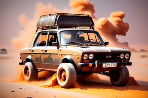 Lada Vaz 2105 car on 4 big wheels from Big Foot, mud tires, large kangaroo, roof rack, driving through an abandoned city Moscow in the desert, destroyed houses, sand, dust, sandstorm, thunderstorm, fire from exhaust pipes,scrap metal,rusty car,crossout craft,realism,