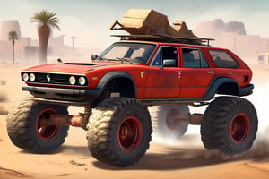 Ferrari car on 6 big wheels from Big Foot, mud tires, large kangaroo, roof rack, driving through an abandoned city in the desert, destroyed houses, sand, dust, sandstorm, thunderstorm, fire from exhaust pipes,scrap metal,rusty car,crossout craft,realism