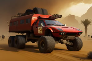 Ferrari car on 6 big wheels from Big Foot, mud tires, large kangaroo, roof rack, driving through an abandoned city in the desert, destroyed houses, sand, dust, sandstorm, thunderstorm, fire from exhaust pipes,scrap metal,rusty car,crossout craft,realism,