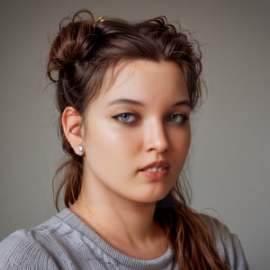 score_9, score_8_up, score_7_up,1 woman, 30 y o, Elena, waist-length portrait, brown disheveled hair, mouth closed, calm face, no emotions, gray turtleneck sweater, simple gray background, front view, no makeup, chubby, clear facial features, clear face, high-quality textures, high-quality facial skin textures, high-quality eyes, high-quality lips, looks away, hair tied up in a bun