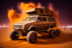 Gazzele car on 4 big wheels from Big Foot, mud tires, large kangaroo, roof rack, driving through an abandoned city Moscow in the desert, destroyed houses, sand, dust, sandstorm, thunderstorm, fire from exhaust pipes,scrap metal,rusty car,crossout craft,realism, night, rain, neon light, 