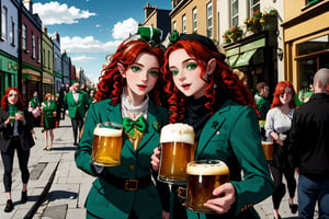 many young people in colorful suits with green shades celebrate St. Patrick's Day on the main street of the city, many have red curly hair, men have curly red beards, Irish flags are waving, many are drinking beer on the street from large beer mugs, an atmosphere of joy and fun, early spring, holiday, Ireland, beautiful girls,irish,edgShamrock,elf_crown