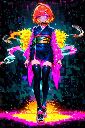 young 20-year-old Asian girl with orange bob hair in an ultra short dark blue kimono, decorated with neon pink lines and Japanese black characters, black stockings made of a wide square mesh, large pink and black sneakers, bright makeup, smoke eyes, long neck, collar, the background of the Tokyo Tower,Night scene,highres
