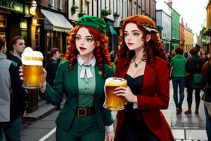 many young people in colorful suits with green shades celebrate St. Patrick's Day on the main street of the city, many have red curly hair, men have curly red beards, Irish flags are waving, many are drinking beer on the street from large beer mugs, an atmosphere of joy and fun, early spring, holiday, Ireland, beautiful girls,irish,edgShamrock,elf_crown