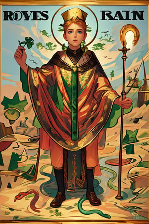 Celtic monk Saint Patrick drives snakes out of Ireland, there are a lot of disgruntled snakes around him, edgShamrock,Ginger Irish