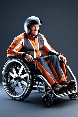 (disabled person rides in a wheelchair:1.45), broken leg, leg in a cast, neutral gray background, concept art, realistic,Expressiveh,dark theme,concept art, realistic,Expressiveh,dark theme, large man, middle age, strong build, biker clothes, a shiny polished steel helmet on his head, a Super Charger V8 engine installed on the sidecar, racing tires installed on the sidecar, racing sidecar, fire from the exhaust pipes,Wheelchair,Walz