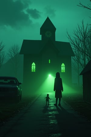 1 girl, 1 ghost boy, standing near the ghost house, russia, russian village, ratlook car vaz 2105, scary, horror, nightmare, cinematic light, 8k resolution, dark art, horror atmosphere, silent hill atmosphere! Green filter, fog,reburbanback,disney style, neon lights, chirch, cyberpunk, 