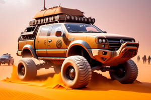 Naruto car on 4 big wheels from Big Foot, mud tires, large kangaroo, roof rack, driving through an abandoned city Moscow in the desert, destroyed houses, sand, dust, sandstorm, thunderstorm, fire from exhaust pipes,scrap metal,rusty car,crossout craft,realism,