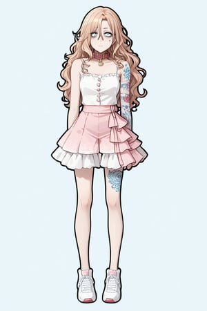 1girl, long hair, long curly blonde hair, ball pink gown, big white sneakers, massive dog collar parted hair, wavy hair, pale skin, light blue eyes, frills, white camisole, short dress, bags under eyes, simple background, :3, full body, standing,highres, tattoo,higuchi madoka