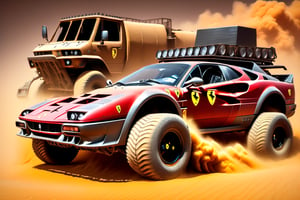 Ferrari car on 6 big wheels from Big Foot, mud tires, large kangaroo, roof rack, driving through an abandoned city in the desert, destroyed houses, sand, dust, sandstorm, thunderstorm, fire from exhaust pipes,scrap metal,rusty car,crossout craft,realism,DonM0ccul7Ru57XL