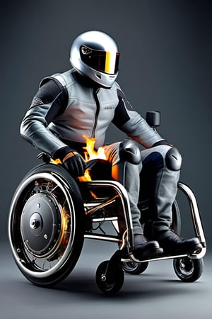 (disabled person rides in a wheelchair:1.45), broken leg, leg in a cast, neutral gray background, concept art, realistic,Expressiveh,dark theme,concept art, realistic,Expressiveh,dark theme, large man, middle age, strong build, biker clothes, a shiny polished steel helmet on his head, a Super Charger V8 engine installed on the sidecar, racing tires installed on the sidecar, racing sidecar, fire from the exhaust pipes,Wheelchair