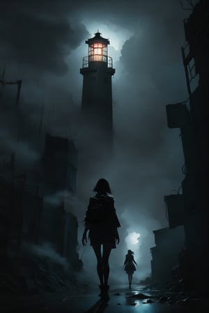 1girl, night club dress, walking along a deserted street in silent hill city, fog, smoke, unclear shadows of monsters in the depths of the fog, translucent images, fear, horror, silent hill,Sairento Hiru style,silent hill style,red lights on the background,lighthouse ,highres,DonMCr33pyN1ghtm4r3 