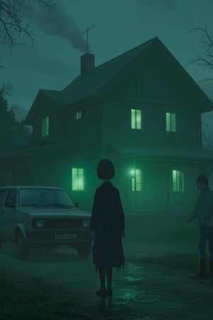 1 girl, 1 ghost boy, standing near the ghost house, russia, russian village, ratlook car vaz 2105, scary, horror, nightmare, cinematic light, 8k resolution, dark art, horror atmosphere, silent hill atmosphere! Green filter, fog,reburbanback,disney style