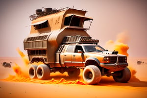 Mad max  car on 4 big wheels from Big Foot, mud tires, large kangaroo, roof rack, driving through an abandoned city Moscow in the desert, destroyed houses, sand, dust, sandstorm, thunderstorm, fire from exhaust pipes,scrap metal,rusty car,crossout craft,realism,