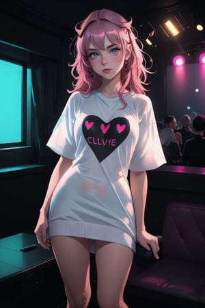  a young 18-year-old dwarf girl poses for a photographer in a nightclub, the girl is wearing only a translucent white knee-length oversized shirt, the girl has no clothes under the T-shirt, small breasts and a neat vagina are visible under the T-shirt, the nightclub is dark, neon lighting, bokeh, dim lighting, Red love hearts are used in the design of the room, cinematic lighting, volumetric lighting,Sexy Pose,excessive pubic hair,IncrsPajChal,naked sweater,Styles Pose