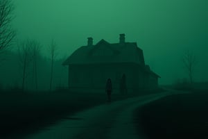 1 girl, 1 ghost boy, standing near the ghost house, russia, russian village, ratlook car vaz 2105, scary, horror, nightmare, cinematic light, 8k resolution, dark art, horror atmosphere, silent hill atmosphere! Green filter, fog,reburbanback,disney style