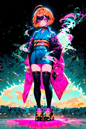 young 20-year-old Asian girl with orange bob hair in an ultra short dark blue kimono, decorated with neon pink lines and Japanese black characters, black stockings made of a wide square mesh, large pink and black sneakers, bright makeup, smoke eyes, long neck, collar, simple background, highres