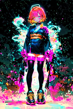 young 20-year-old Asian girl with orange bob hair in an ultra short dark blue kimono, decorated with neon pink lines and Japanese black characters, black stockings made of a wide square mesh, large pink and black sneakers, bright makeup, smoke eyes, long neck, collar, simple background, highres