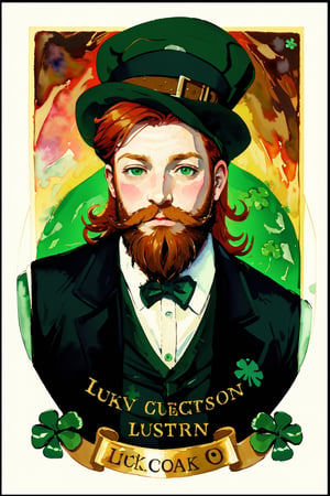 watercolor sticker in the form of a bearded redhead leprechaun with the inscription "Luck", pestel colors, beautiful design,wtrcolor style,edgShamrock,WtrClr,watercolor,highres,oil painting,irish