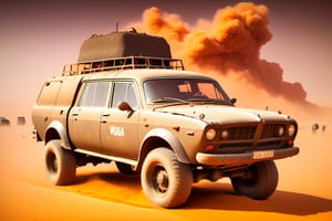 Volga gaz car on 4 big wheels from Big Foot, mud tires, large kangaroo, roof rack, driving through an abandoned city Moscow in the desert, destroyed houses, sand, dust, sandstorm, thunderstorm, fire from exhaust pipes,scrap metal,rusty car,crossout craft,realism,