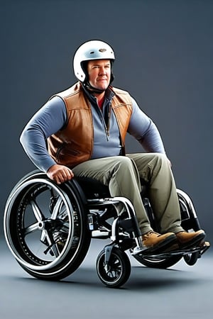 (disabled person rides in a wheelchair:1.45), broken leg, leg in a cast, neutral gray background, concept art, realistic,Expressiveh,dark theme,concept art, realistic,Expressiveh,dark theme, large man, middle age, strong build, biker clothes, a shiny polished steel helmet on his head, a Super Charger V8 engine installed on the sidecar, racing tires installed on the sidecar, racing sidecar, fire from the exhaust pipes,Wheelchair,Walz,sitting