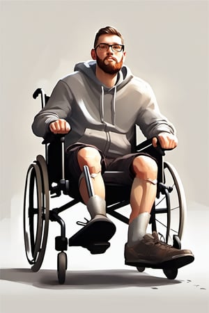 disabled person rides in a wheelchair, broken leg, leg in a cast, neutral gray background, concept art, realistic,Expressiveh,dark theme,concept art, realistic,Expressiveh,dark theme