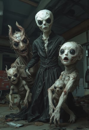 A ball-jointed doll wearing a The Addams Family-style rococo dress, the doll has complex joints, (((Horror themed stuffed animals)))kidnapped by vampire.,nagisa,1ghost, MIASMA style,cctv footage of a horror monster