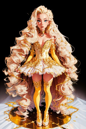 1 girl, long hair, long curly gold hair, ball gold gown, big gold sneakers, massive dog collar, fishnet gold stockings, parted hair, wavy hair, pale skin, light gold eyes, frills, short dress, bags under eyes, Smokey eyes, gold makeup, sweaty face makeup, simle background, :3, full body, standing,highres,SAM YANG,Ballet_tutu,metal collar