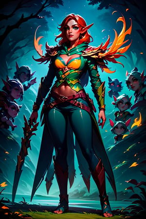 score_9, score_8_up, score_7_up, 1 girl, a archer warrior, dark elf, fire in eyes,full body, dota wind ranger style, Elena, Expressiveh, concept art, dark theme,windranger, windranger \(dota 2\)