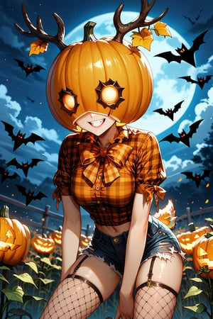 score_9, score_8_up, score_7_up, source_anime, straw scarecrow girl in torn country clothes, in a checkered red shirt, in denim shorts, on her head a pumpkin helmet, Halloween pumpkin, deer antlers, a distributed demonic tail, a devilish smile, fishnet stockings, hanging on a cross in the middle of a field with sunflowers, night, nightmare , a flock of crows circling in the sky, full moon,