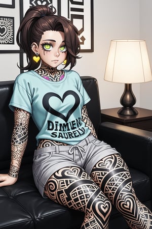 a 30-year-old girl is sitting on the sofa, she has long brown hair, her hair is disheveled and in a ponytail, light green eyes, bags under the eyes, baggy home clothes, gray shorts and an oversized gray T-shirt with pink small hearts, small earrings in her ears, wide hips, medium breasts, the room is dark, dim yellow light, from a floor lamp, deep shadows, tattoo