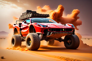 Ferrari car on 6 big wheels from Big Foot, mud tires, large kangaroo, roof rack, driving through an abandoned city in the desert, destroyed houses, sand, dust, sandstorm, thunderstorm, fire from exhaust pipes,scrap metal,rusty car,crossout craft,realism,
